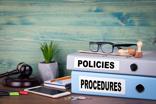 Policies and Procedures. Successful business, law and profit background
