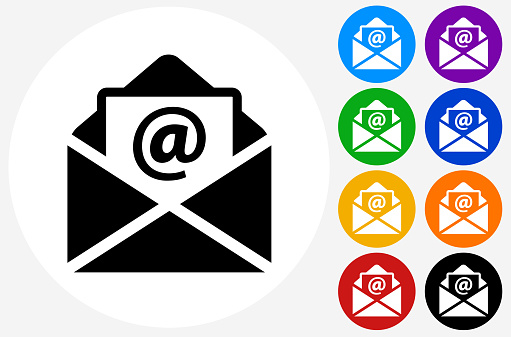 Email Letter.. The icon is black and is placed on a round blue vector button. The button is flat white color and the background is light. The composition is simple and elegant. The vector icon is the most prominent part if this illustration. There are eight alternate button variations on the right side of the image. The alternate colors are orange, red, purple, yellow, black, green, blue and indigo.