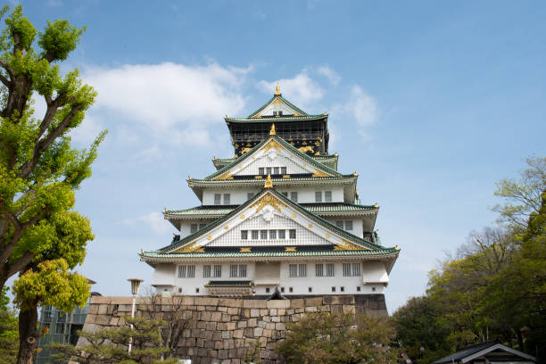 castelo de osaka, um dos marcos mais famosos no japão. - toyotomi hideyoshi - fotografias e filmes do acervo