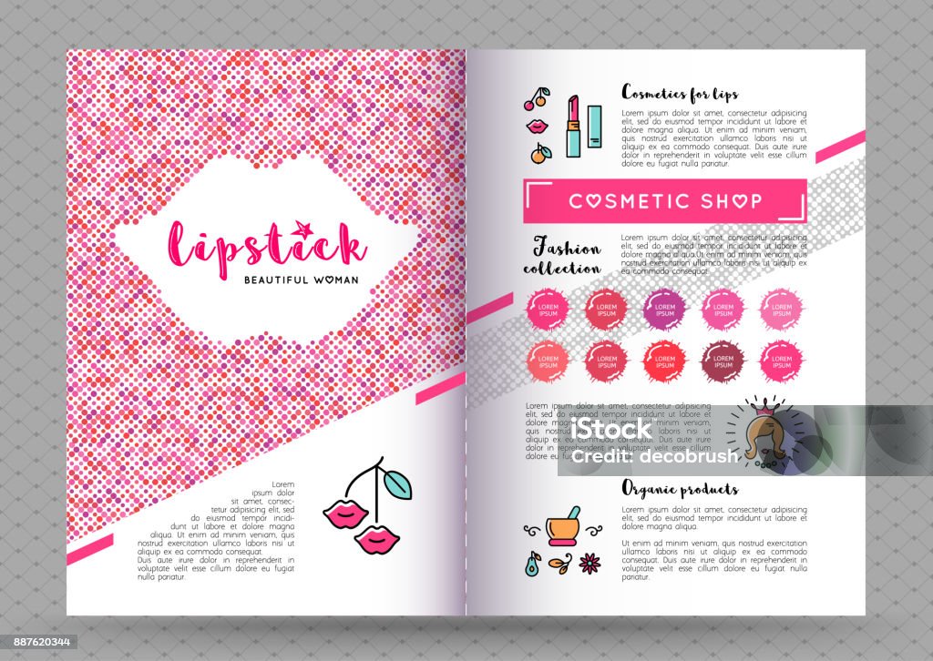 Belleza maquillaje y lápiz labial fasion colección folleto A4. El concepto de la plantilla de impresión, directorio cubre, flyers y banners de la web sobre el tema de belleza, maquillaje de cosméticos. Vector de - arte vectorial de Catálogo libre de derechos