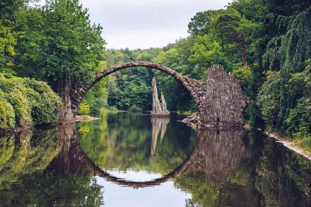 Photo of Rakotz bridge (Rakotzbrucke) also known as Devil's Bridge in Kromlau, Germany. Reflection of the bridge in the water create a full circle.