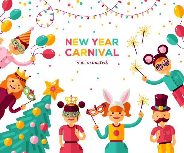 illustrazioni stock, clip art, cartoni animati e icone di tendenza di poster festa di carnevale capodanno 2018 per bambini - christmas child friendship little boys