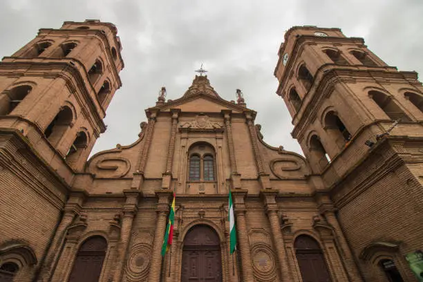 christian cathedral of santa cruz de las sierras made of bricks, view from below