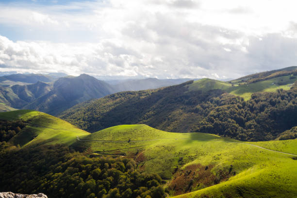 a beautiful day for this amazing view across the pyrenees mountain ranges - france european alps landscape meadow imagens e fotografias de stock