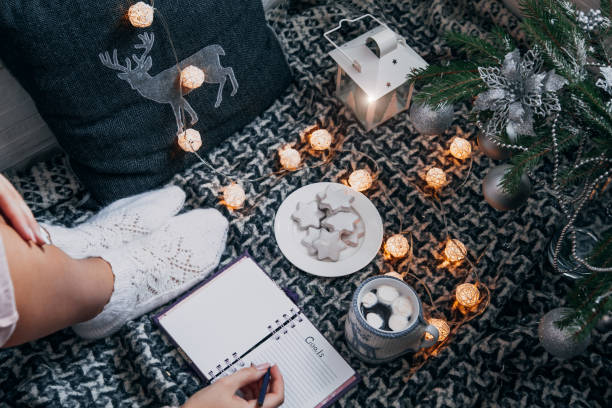 istock Writing goals for the next year with a cup of chocolate under the Christmas tree 887642146