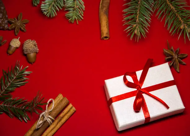 Beautiful Christmas background for a cheerful mood!Spices for hot New Year's Eve drink, Branches of Christmas trees, cones and Gift Boxes on a red background.