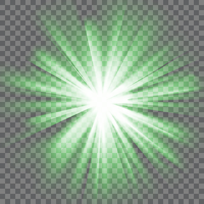 Green glowing light. Bright shining star. Bursting explosion. Transparent background. Rays of light. Glaring effect with transparency. Abstract glowing light background. Vector illustration.