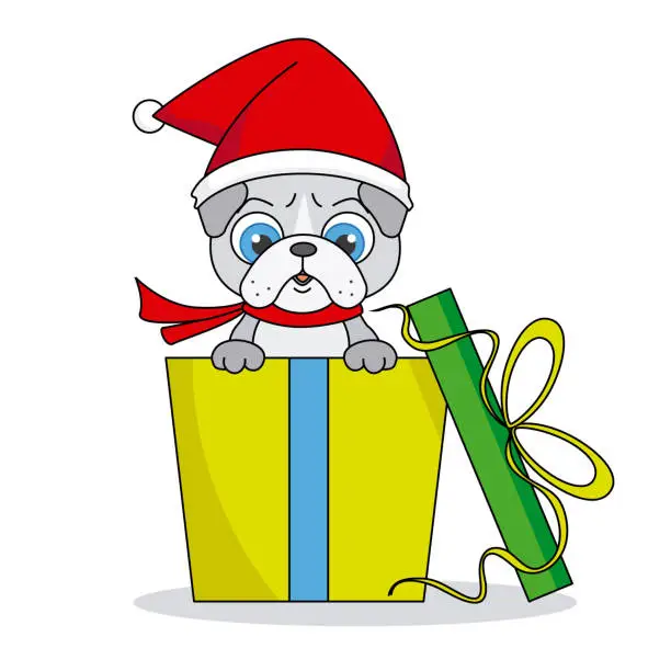 Vector illustration of Dog with santa hat inside a gift package