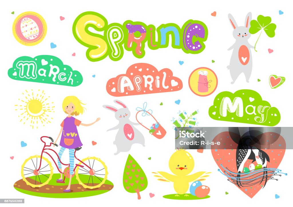 Cut Out Spring Characters Spring Cartoon Characters And Elements Set Stock Illustration ...