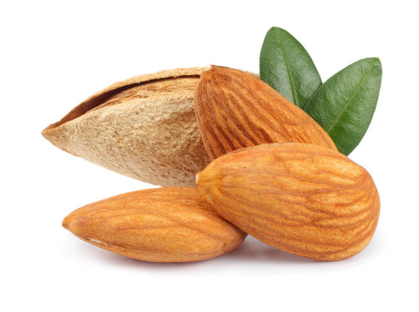 istock almond with green leaf isolated on white background 887653450
