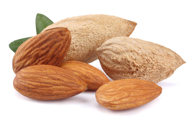 istock almond with green leaf isolated on white background 887654206