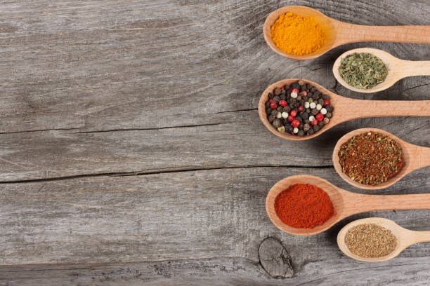 istock Herbs and spices in spoons on old wood background 887670082