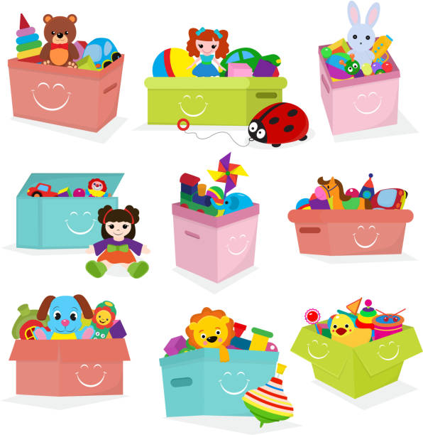 illustrations, cliparts, dessins animés et icônes de enfants jouets boîte vecteur bébé contenant avec ours en peluche toyshop jouent dans la chambre de bébé boîtes ensemble illustration isolé sur fond blanc - block toy wood box