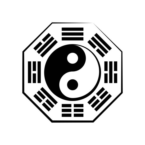ilustrações de stock, clip art, desenhos animados e ícones de yin-yang and bā-guà (8 trigrams). the chinese cosmic symbol of duality and unity of opposites, surrounded by hieroglyphs of the eight essential elements of nature. the universal principle of harmony. - tao symbol