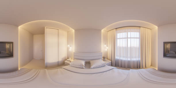 istock 3d render spherical 360 degrees, seamless panorama of a white bedroom 887704254