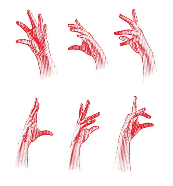 Vector illustration of Set of 6 engraved hand gestures. Grouped separately.