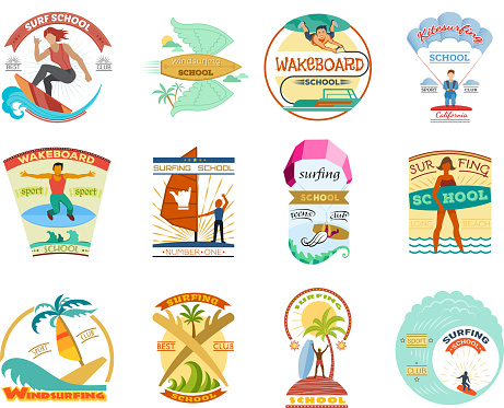 Surfing school vector set surfboard wakeboard windsurfing emblems surf badges labels and surfer wave water sport icons illustration isolated on white background.