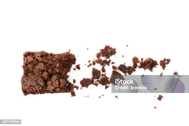 Chocolate Brownie With Crumbs Stock Photo - Download Image Now - Brownie, Crumb, Slice of Food