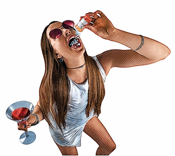 ilustraciones, imágenes clip art, dibujos animados e iconos de stock de ilustración humorística de una rebelde mujer de abusar de alcohol y medicina - absentismo laboral