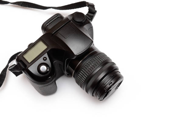digitální reflexní kamera s jedním objektivem, izolovaná na bílém pozadí - digital single lens reflex camera fotky - stock snímky, obrázky a fotky