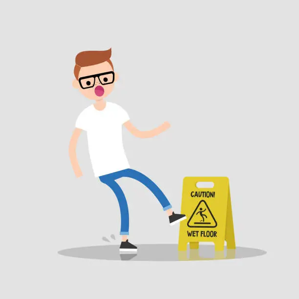 Vector illustration of Caution, wet floor. Young character slipped on a wet surface. Falling down. Flat editable vector illustration, clip art