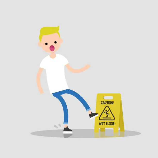 Vector illustration of Caution, wet floor. Young character slipped on a wet surface. Falling down. Flat editable vector illustration, clip art