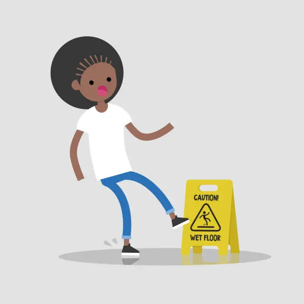 Vector illustration of Caution, wet floor. Young black girl slipped on a wet surface. Falling down. Flat editable vector illustration, clip art