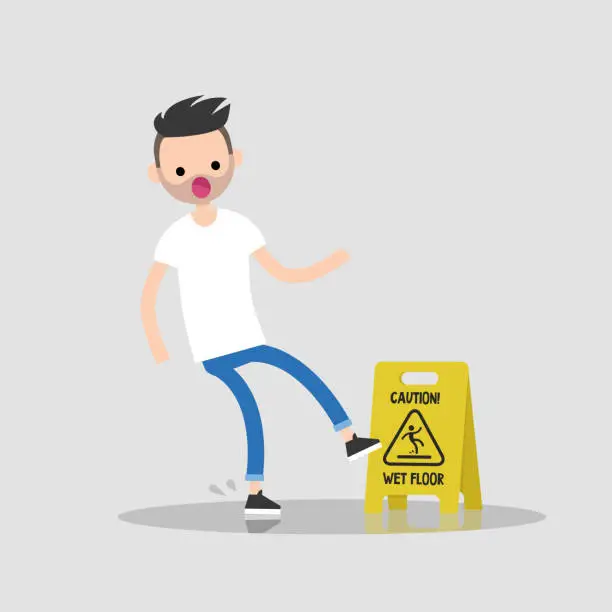 Vector illustration of Caution, wet floor. Young character slipped on a wet surface. Falling down. Flat editable vector illustration, clip art