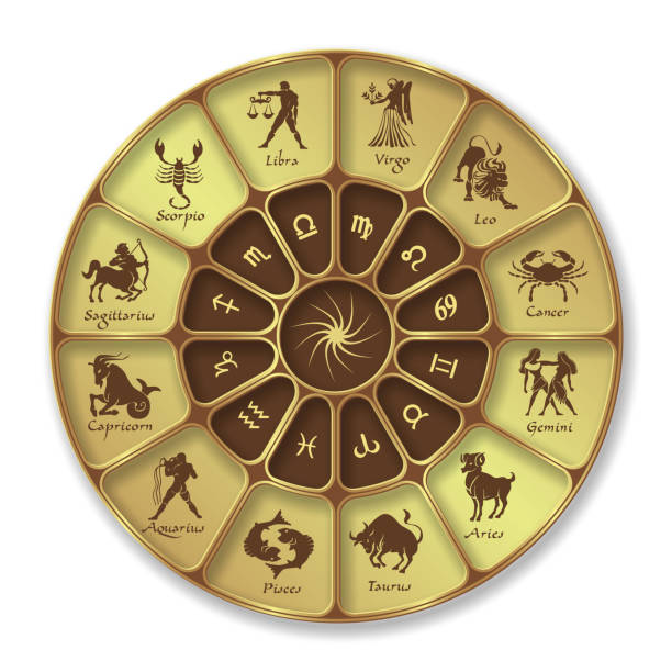 illustrazioni stock, clip art, cartoni animati e icone di tendenza di cerchio oroscopo al neon blu. cerchio con segni zodiacali. vettore - fortune telling astrology sign wheel sun