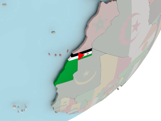 Western Sahara on globe with flags 3D render of Western Sahara on political globe with embedded flag. 3D illustration. 3D model of planet created and rendered in Cheetah3D software, 29 Sep 2017. western sahara stock pictures, royalty-free photos & images