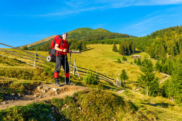 Man hiking in Carpathian mountains
