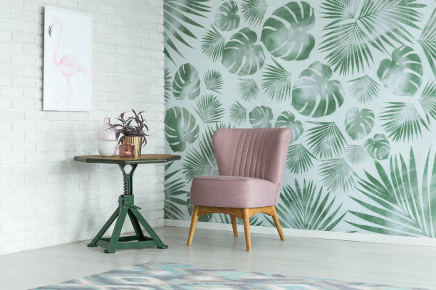 istock Floral room with pink chair 887806430