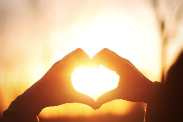 istock Hands forming a heart shape with sunset silhouette 887812380