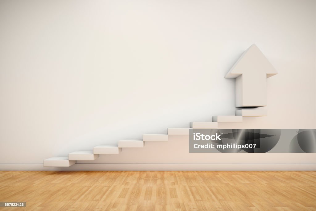 Climbing to Success Direction A staircase inside a house with stairs and arrow illustrating climbing to success, ladder of success, or direction. A business inspired concepts. Arrow Symbol Stock Photo