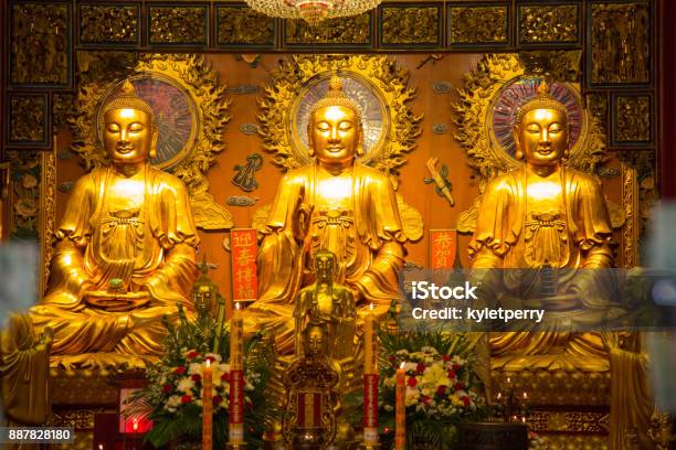 Three Gold Buddhas In A Row Stock Photo - Download Image Now - Buddhism, China - East Asia, Chinese Culture