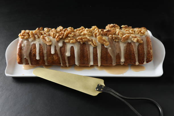 apple walnut loaf and vintage server - golden algae imagens e fotografias de stock