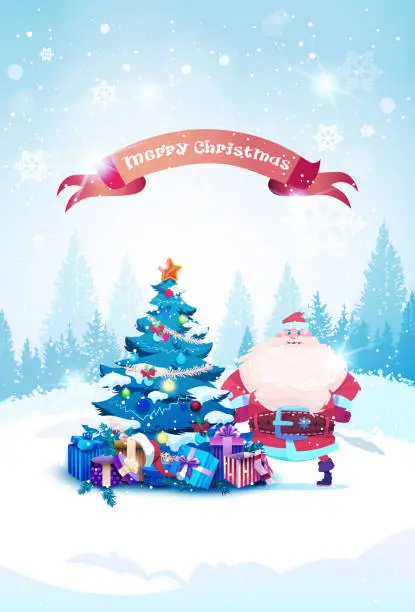 Vector illustration of Holiday Banner Santa Claus Standing At Christmas Tree Decoration Design