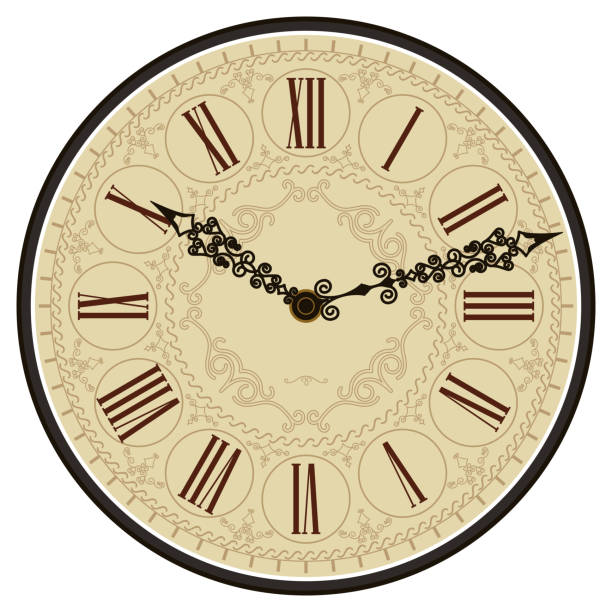 Antique old clock face. Vector Antique old clock face. Old Vintage Retro dial with roman numbers. Vector moment of silence stock illustrations