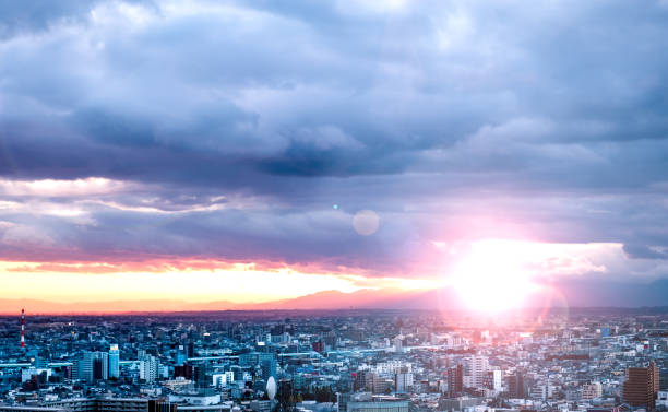 Dramatic sky and cityscape in the morning stock photo