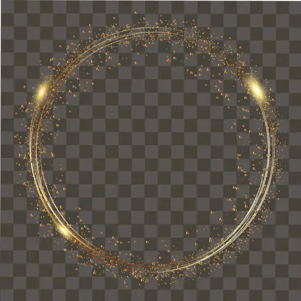 Vector illustration of Abstract round glowing lights and gold sparkles on transparent background. Vector.