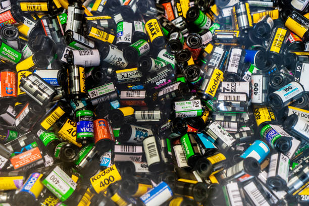 Melbourne, Australia - December 26, 2016: Rolls of camera film from various brands, seen behind a glass cabinet.