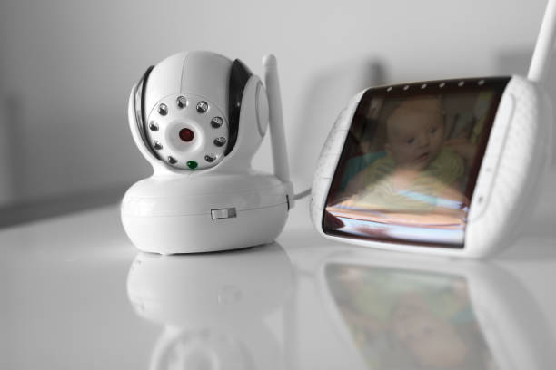 The closeup baby monitor for security of the baby stock photo