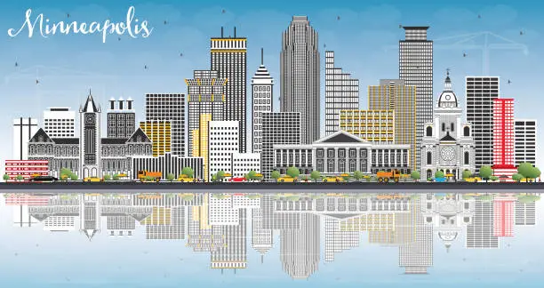 Vector illustration of Minneapolis Minnesota USA Skyline with Color Buildings, Blue Sky and Reflections.