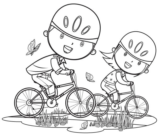 cartoon girl and boy on bicycle Vector girl and boy on bicycle kids coloring pages stock illustrations