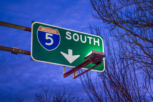 Interstate 5 South Road Traffic Sign Close-up Pointing Downwards