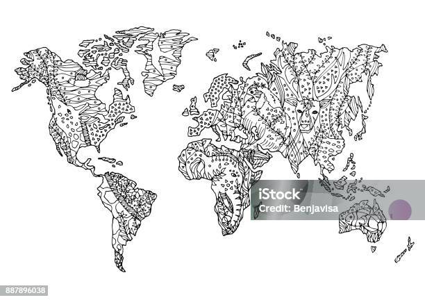 World Map Animal Wild Wildlife Flower Floral Drawing Design Vector Illustration Hand Drawn Stock Illustration - Download Image Now