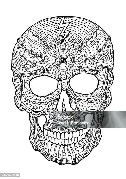 Sugar Skull Day Of The Dead Human Head Vector Design Illustration Hand Drawn Stock Illustration - Download Image Now
