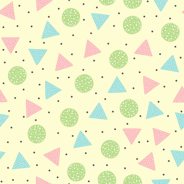Cute geometric seamless pattern. Round and triangular colored shapes. Drawn by hand. Yellow, black, pink, blue, green, white. Cute geometric seamless pattern. Round and triangular colored shapes. Drawn by hand. Yellow, black, pink, blue, green, white. Vector illustration. drawing of pink and black polka dot wallpaper stock illustrations