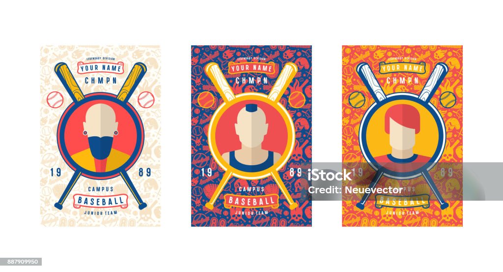 Set of baseball card design Set of baseball card design. Seamless pattern and emblems. Bright color print Template stock vector