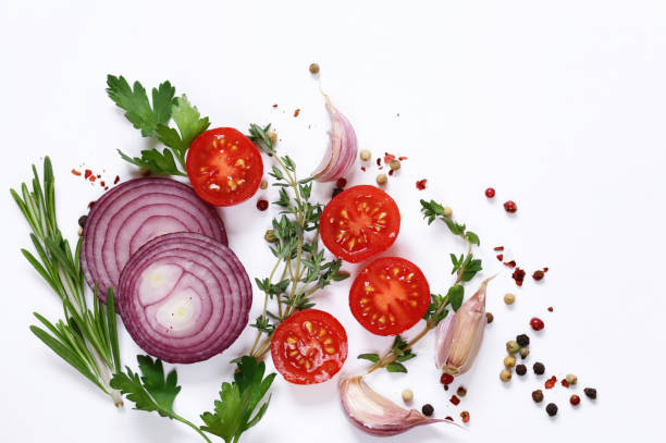 istock fresh vegetables and herbs on a white background - food background 887920296